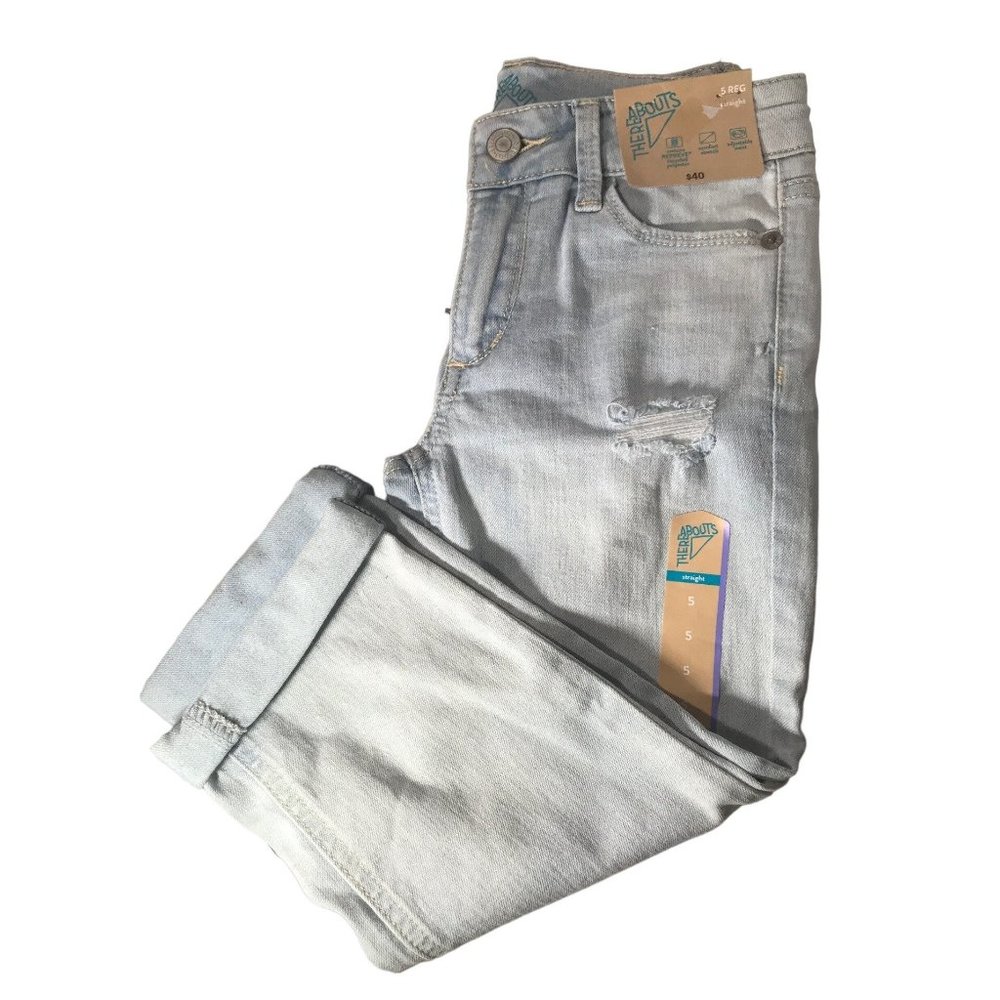 Girls Size 5 Straight Leg White Wash Hole Distressed Stretch Croppped Jean New